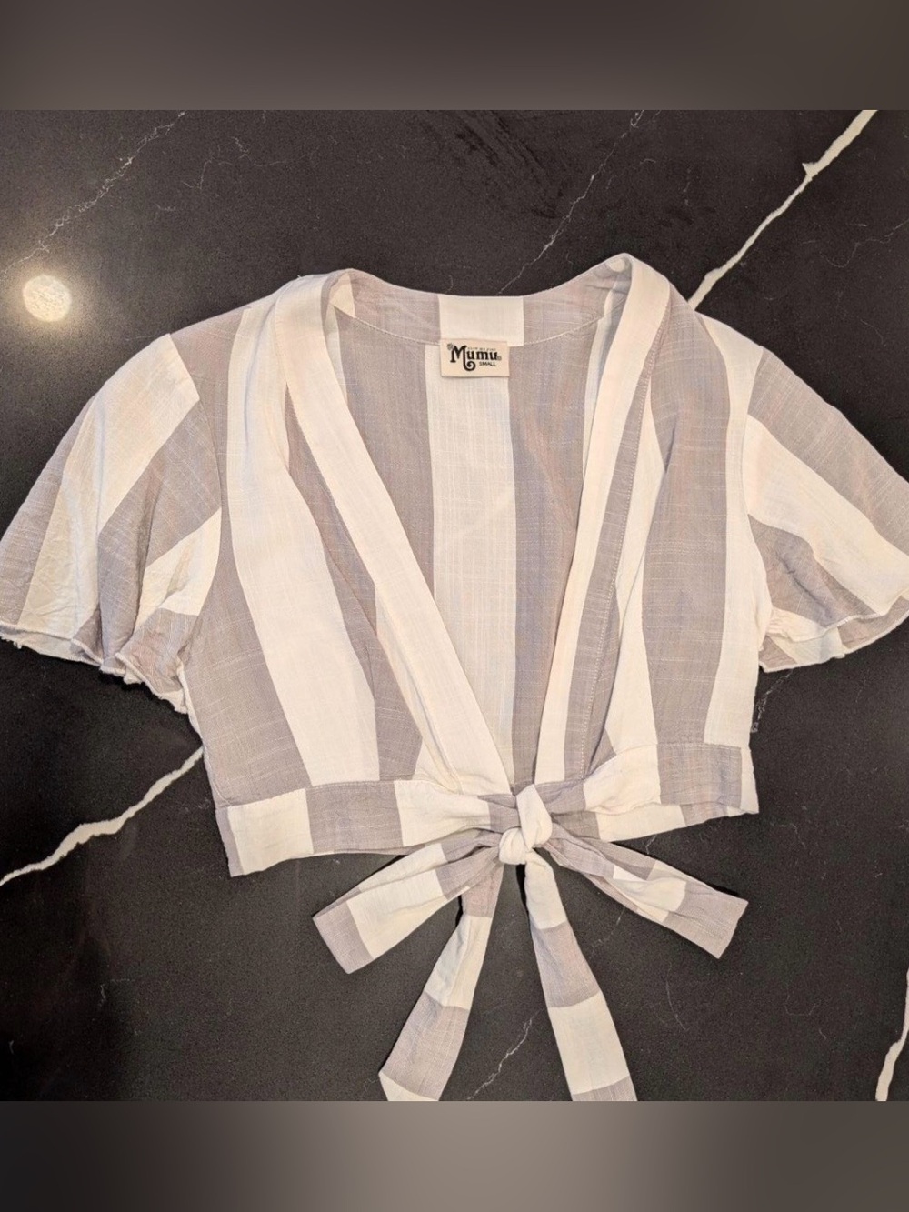 Show me Your MuMu Striped Grey Linen Crop Top Small